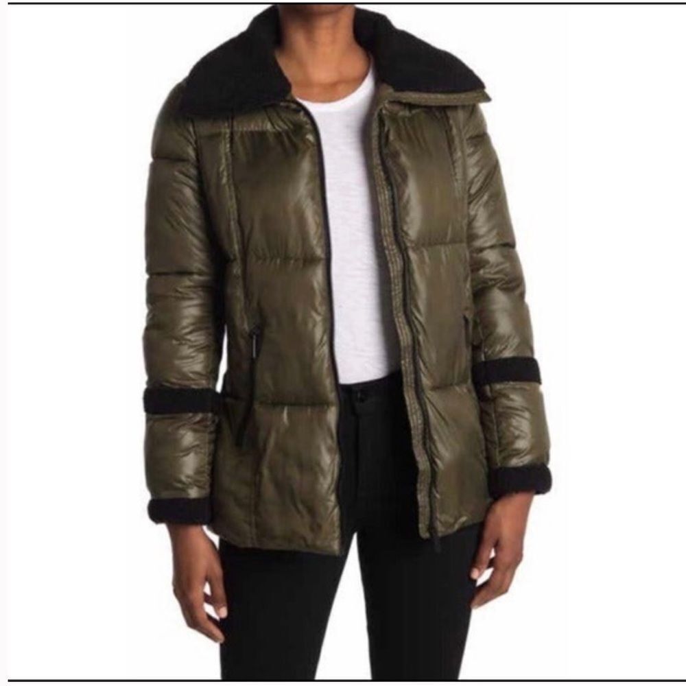 NEW French Connection Olive Green Berber Trim Water Repellent Puffer Jacket XS